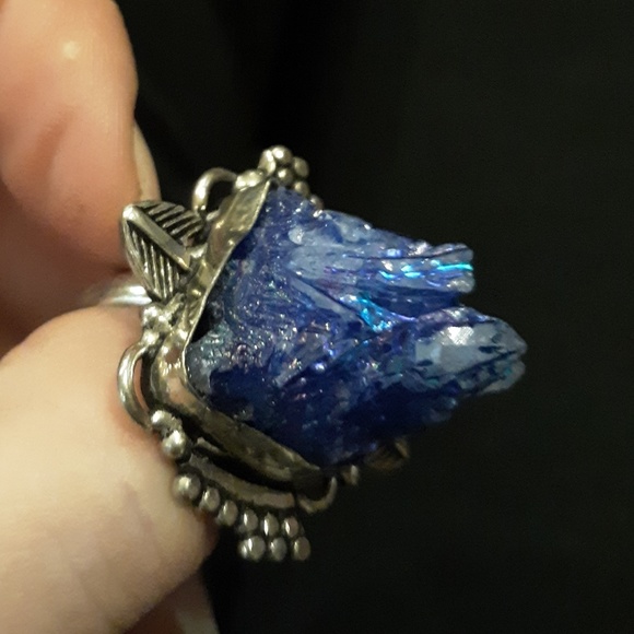 New Blue Titanium Crystal Agate Druzy 925 Silver Ring. - Picture 5 of 8
